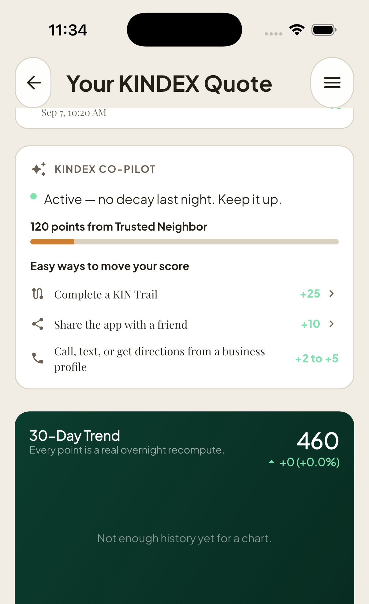 The KIN App's KINDEX Co-Pilot card, showing an active status with no overnight decay, progress toward the next tier, and three real ways to earn points: completing a KIN Trail, sharing the app, and contacting a business.