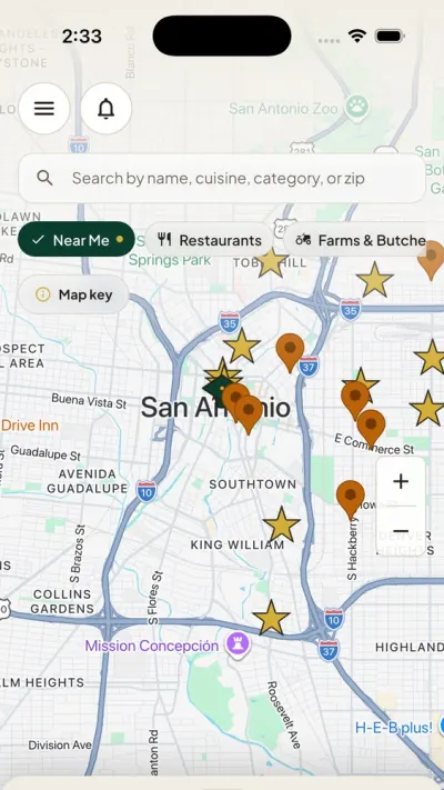 The KIN App live map, densely packed with dozens of Black-owned business pins across San Antonio, with Near Me, Restaurants and Beauty filters.