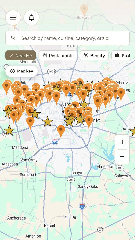 The KIN App live map, densely packed with dozens of Black-owned business pins across San Antonio, with Near Me, Restaurants and Beauty filters.