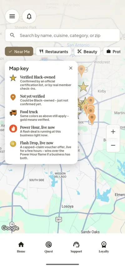 The KIN App's map key, explaining Verified Black-owned, Not yet verified, Food truck, Power Hour and Flash Drop pin markers.