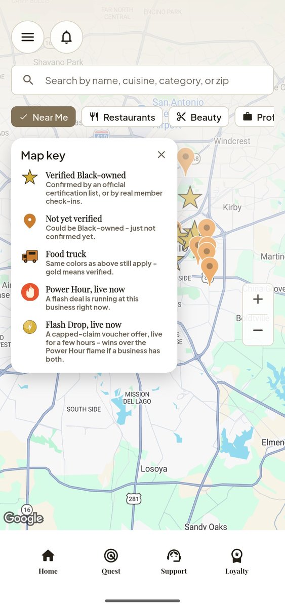The KIN App's map key, explaining Verified Black-owned, Not yet verified, Food truck, Power Hour and Flash Drop pin markers.