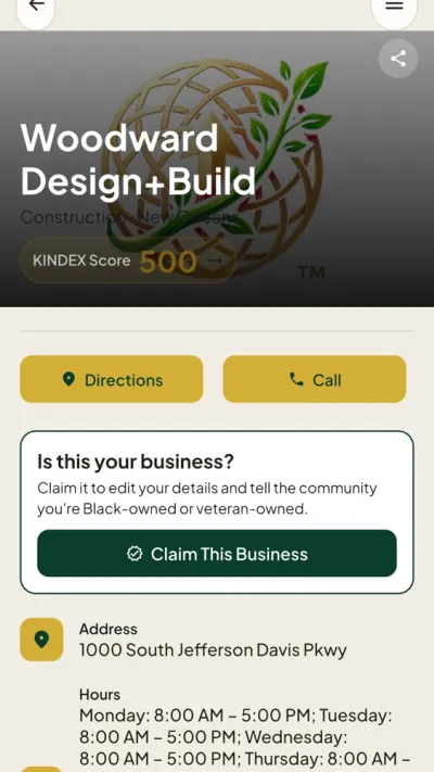 A business profile in The KIN App showing its KINDEX score, Directions and Call buttons, address and hours, and a Claim This Business button.