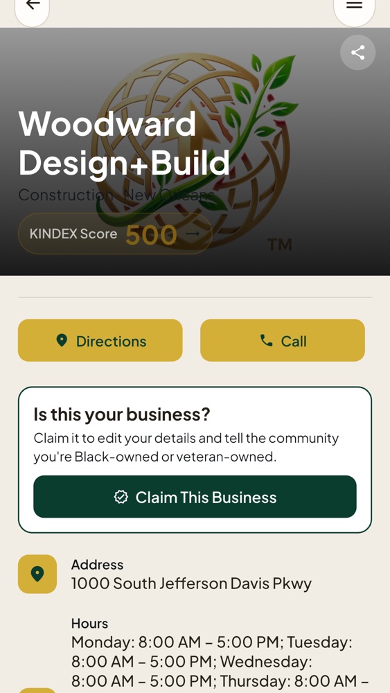 A business profile in The KIN App showing its KINDEX score, Directions and Call buttons, address and hours, and a Claim This Business button.