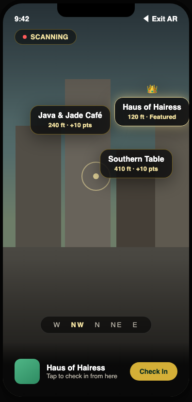 KIN Quest's AR Scan mode, showing nearby businesses as live markers over the camera view, with a featured business highlighted in gold.