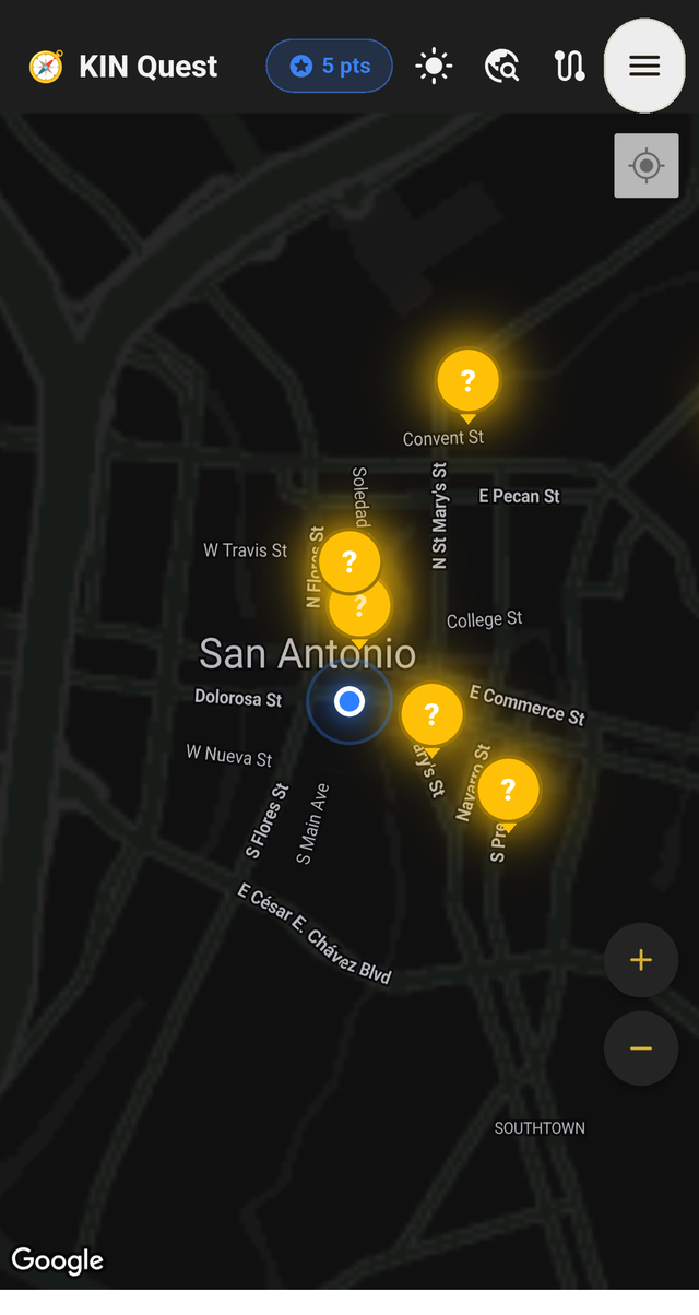 The KIN Quest map, showing amber pins for mystery businesses to discover in San Antonio.